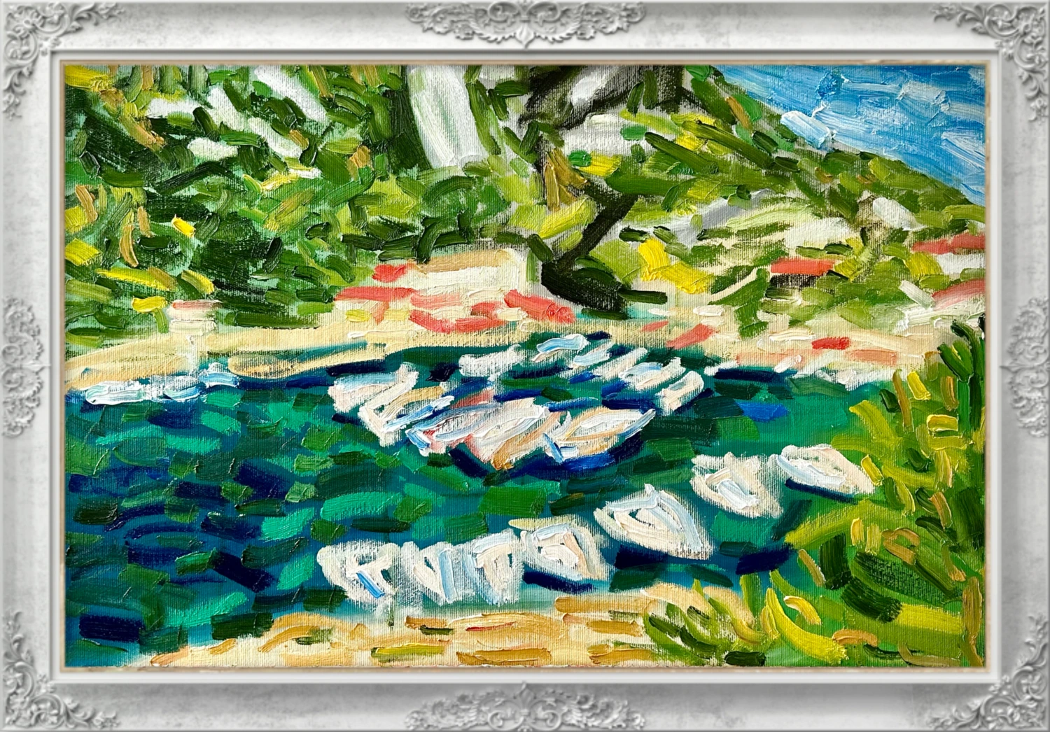 A painting of white limestone cliffs and green vegetation beside blue Mediterranean water.
