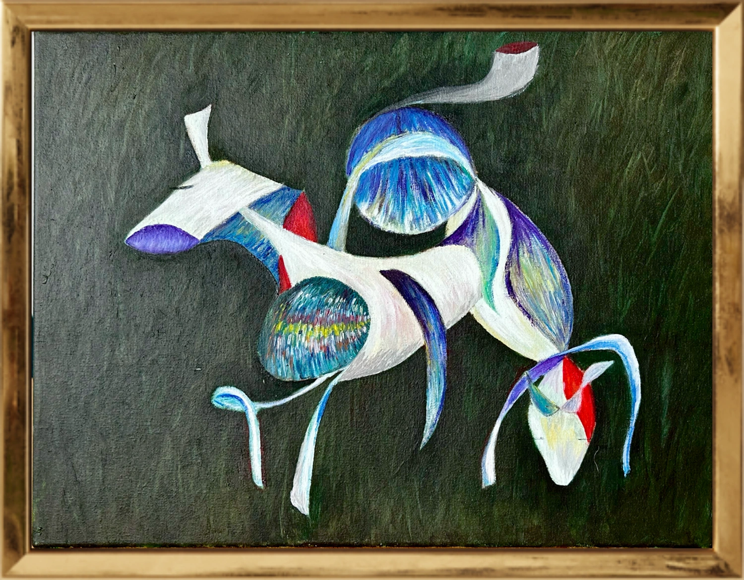 Angular white horses with blue, green and red shapes against a dark painted ground.