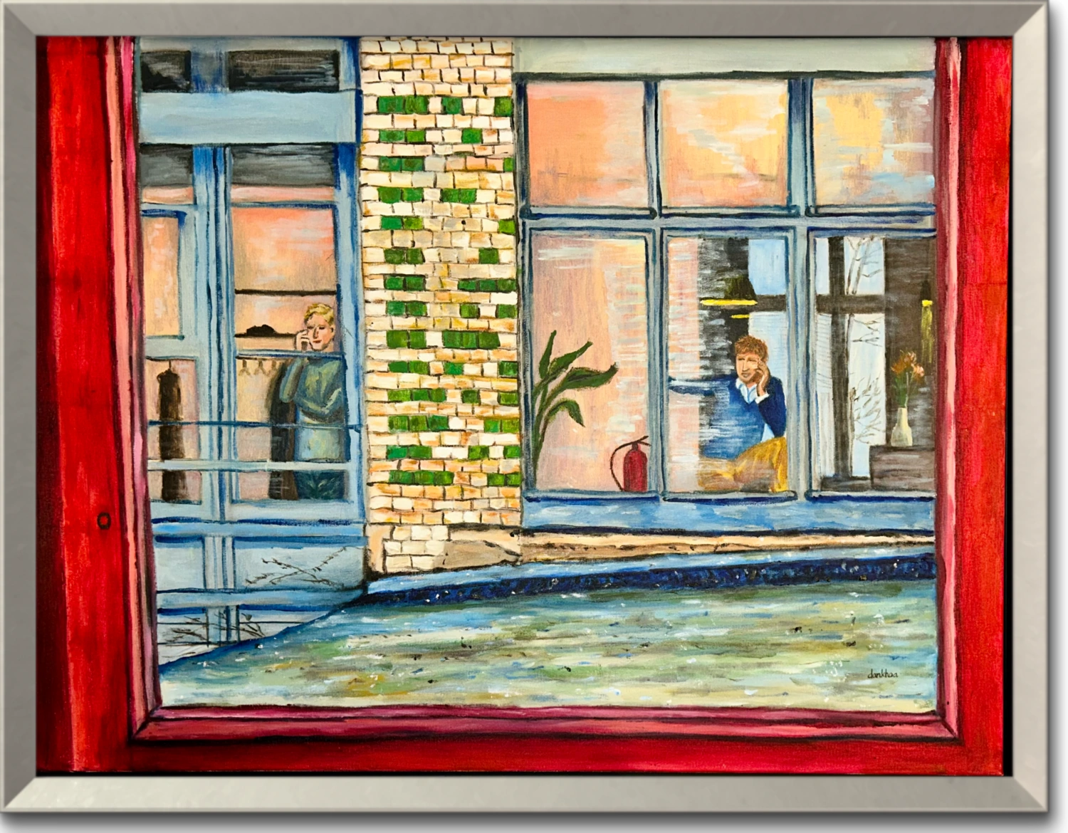 Two figures on separate phone calls, seen through windows framed by a red window in the foreground.