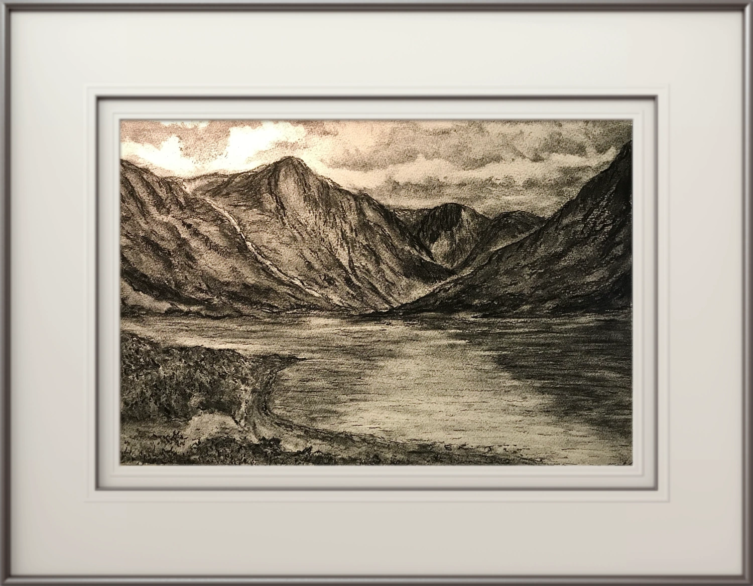 A charcoal drawing of Loch Callater, with dark Scottish hills surrounding the water.