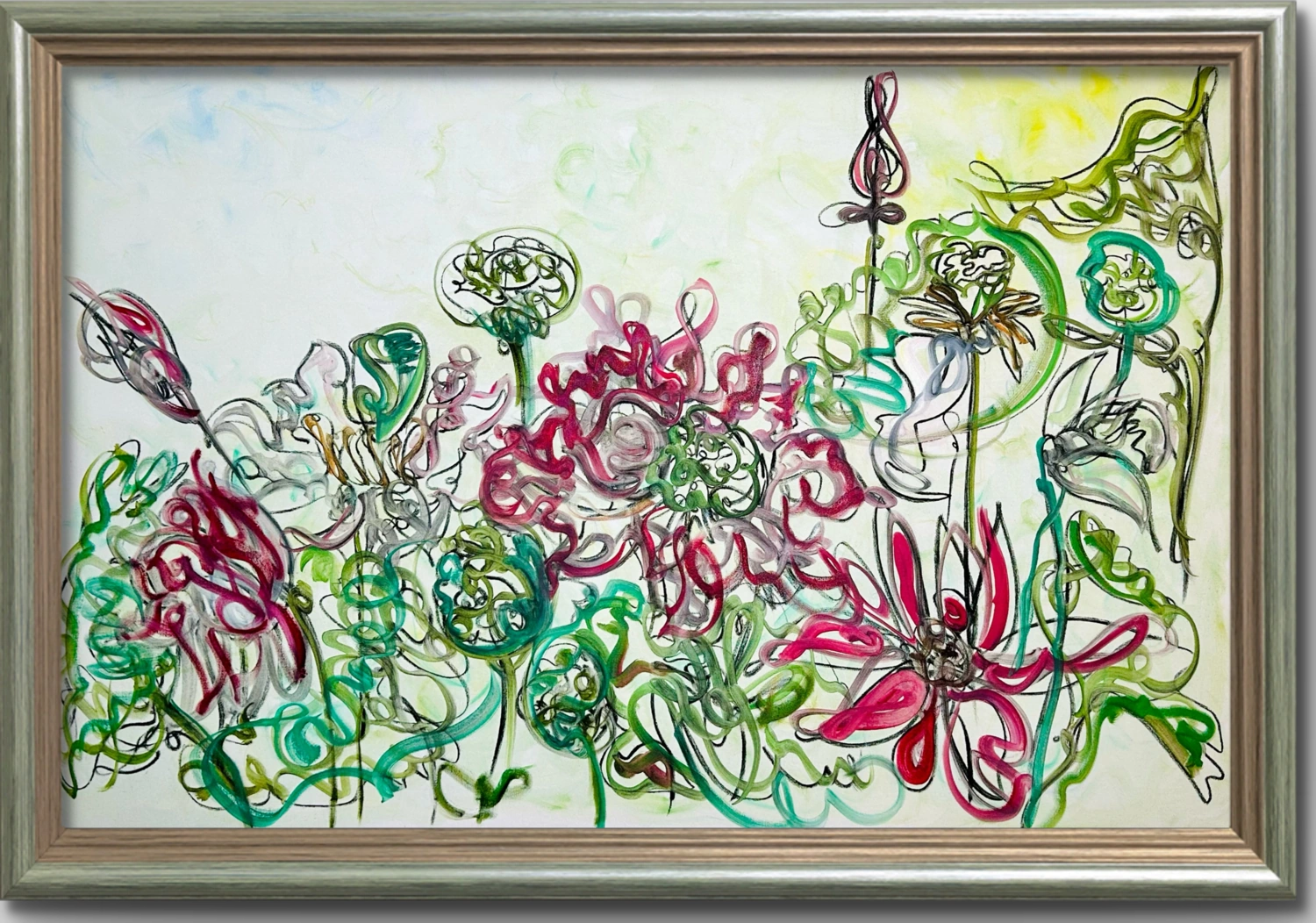Pink and green lotus flowers and curling dark stems across a pale horizontal canvas.