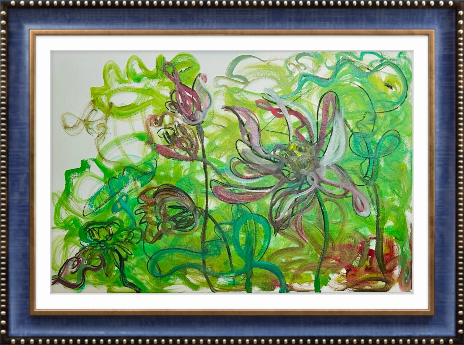 Lotus flowers and curling stems drawn and painted over a pale green ground.