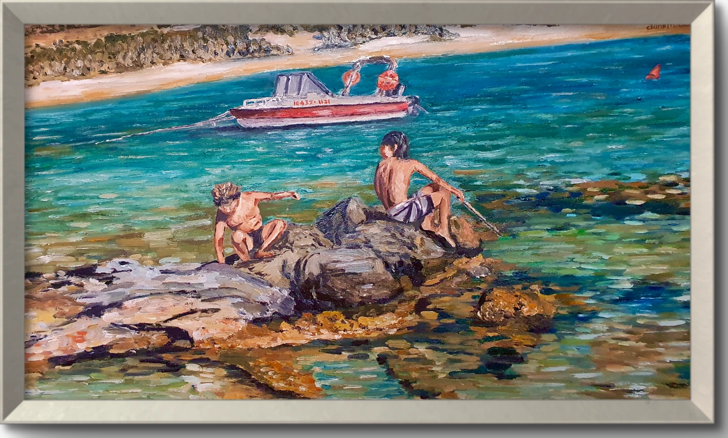 Figures and swimmers by the shore on Naxos, with small boats on blue water.