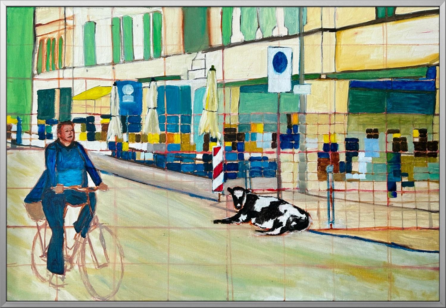 A cow resting outside a café on Oranienstraße, with loosely painted customers and a passing cyclist.