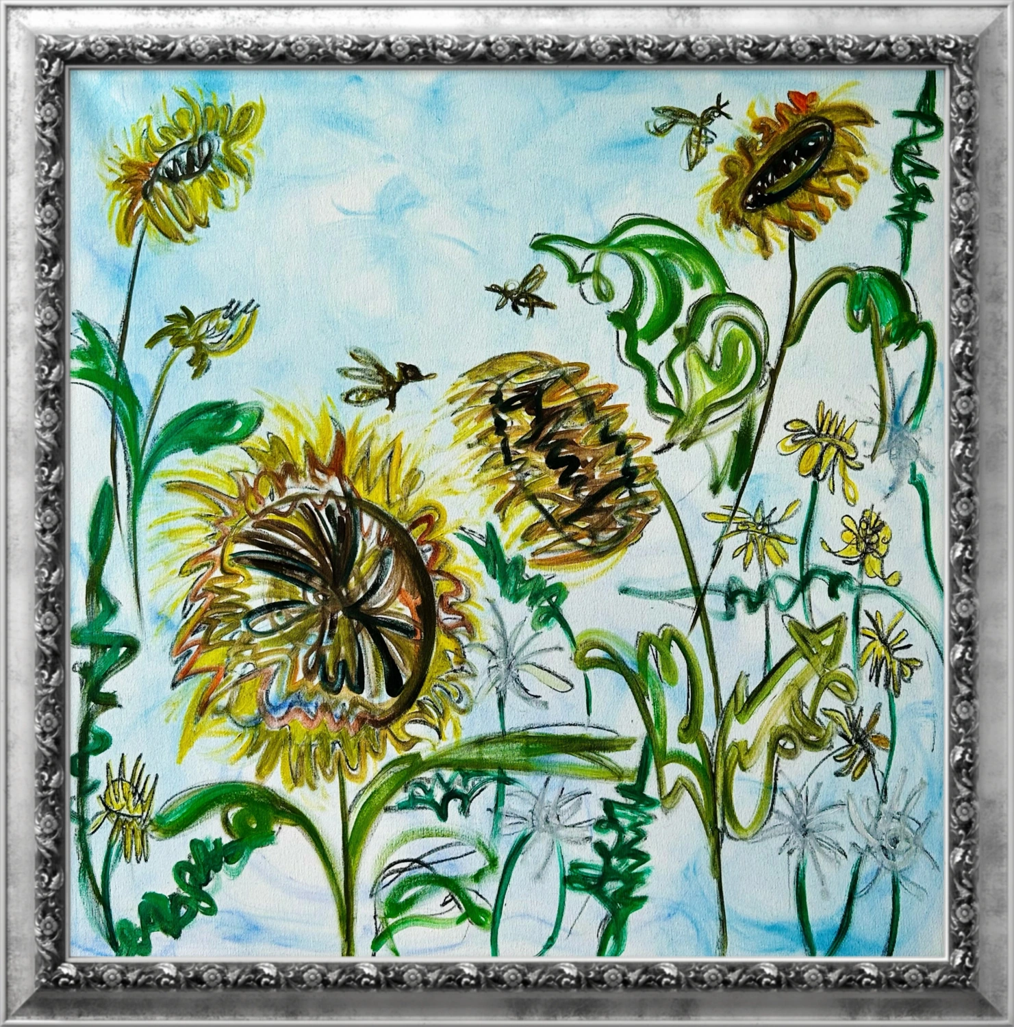 Yellow sunflowers, dark curling stems and bees against a pale blue painted ground.
