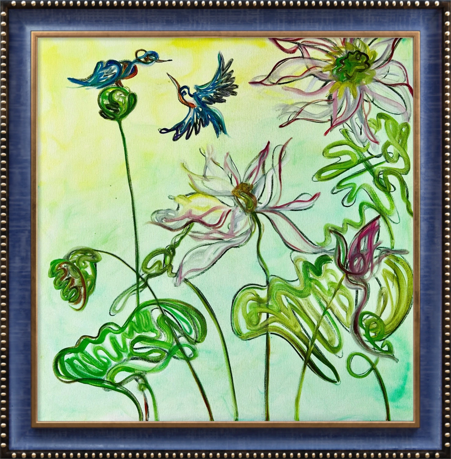 Flowers and leaves in charcoal and oil, with dark curling lines across a light green ground.