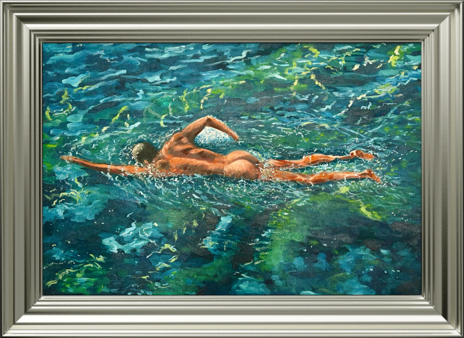 A figure swimming through blue-green water, surrounded by reflected light.